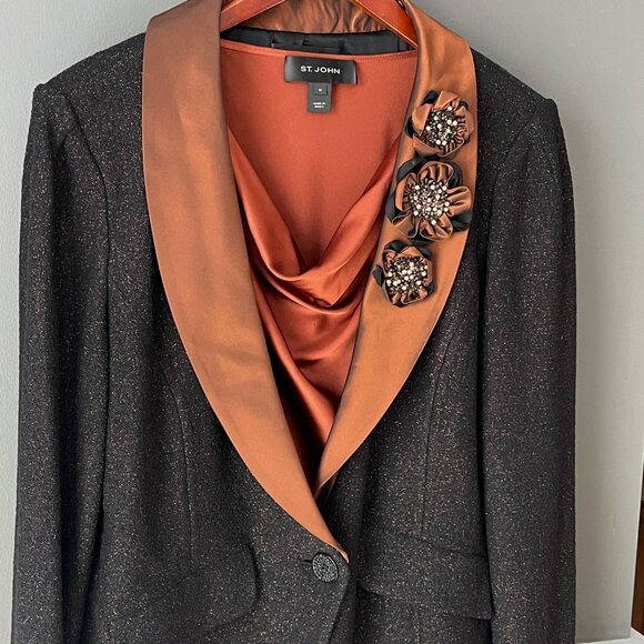 St. John Knit Skirt Suit Set Metallic Black Copper 3 Pc Blazer Skirt Silk Top 14 - Picture 14 of 16